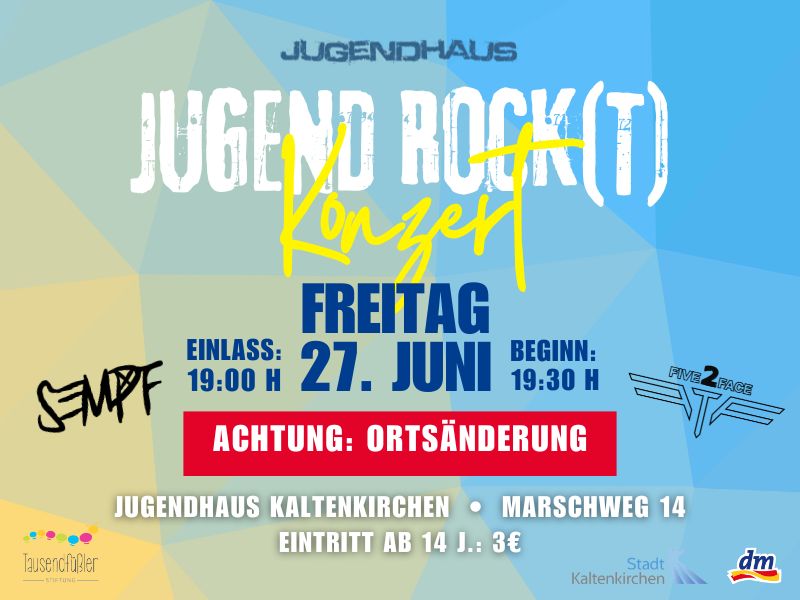 Ankündigungsplakat "Jugend Rock(t) Konzert" am 27.06.25 im Jugendhaus Kaltenkirchen