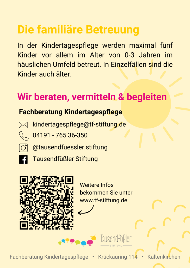 Flyer der Fachberatung Kindertagespflege Rückseite: Beschreibung und Kontaktdaten
