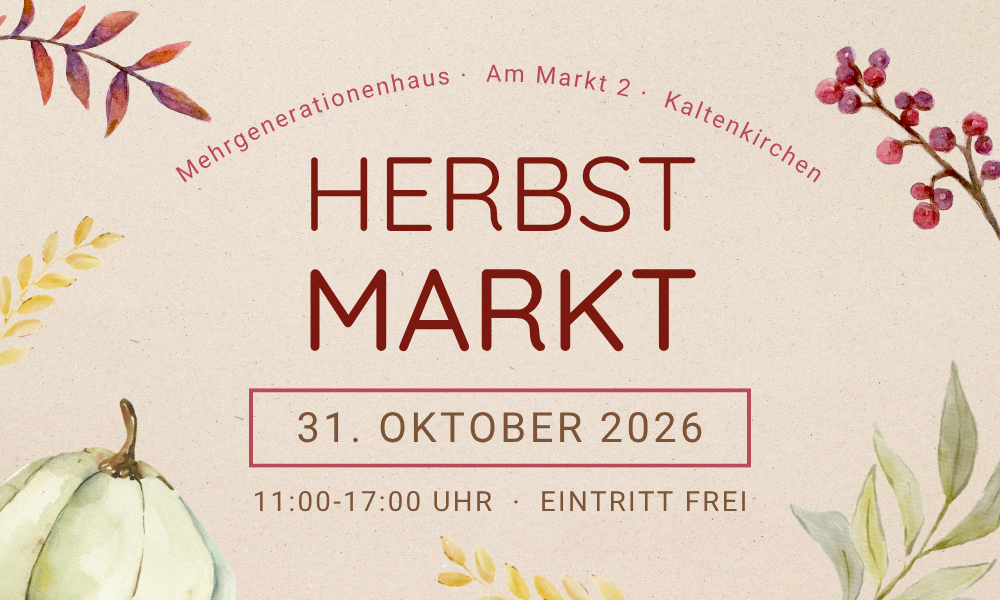 Ankündigungsplakat Herbstmarkt 2026 mit Datum, Zeit und Ort.