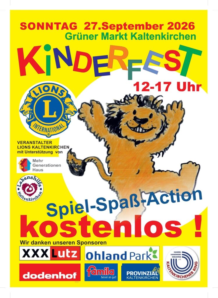 Buntes Ankündigungsplakat des LIONS Clubs zum Kinderfest mit allen relevanten Daten und Sponsoren.